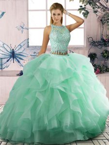 Stylish Sleeveless Tulle Floor Length Lace Up 15 Quinceanera Dress in Apple Green with Beading and Ruffles