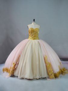 Sleeveless Brush Train Lace Up 15th Birthday Dress in Pink and Champagne with Beading and Lace and Appliques