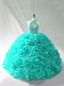 Pretty Sleeveless Beading and Ruffles Lace Up Ball Gown Prom Dress with Aqua Blue Brush Train