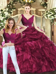 Floor Length Burgundy 15th Birthday Dress Organza Sleeveless Pick Ups