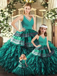 Turquoise Organza Backless V-neck Sleeveless Floor Length Quinceanera Dresses Appliques and Ruffles