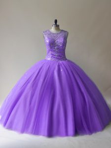 Most Popular Sleeveless Tulle Floor Length Lace Up Quince Ball Gowns in Lavender with Beading