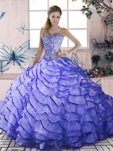 Deluxe Lavender Lace Up Quince Ball Gowns Beading and Ruffled Layers Sleeveless Brush Train