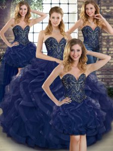 Beading and Ruffles Quinceanera Dress Navy Blue Lace Up Sleeveless Floor Length