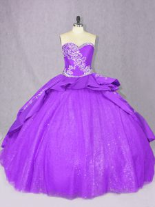 Purple Tulle Lace Up Sweetheart Sleeveless Vestidos de Quinceanera Court Train Beading