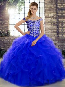 Ideal Brush Train Ball Gowns Sweet 16 Dress Royal Blue Off The Shoulder Tulle Sleeveless Lace Up