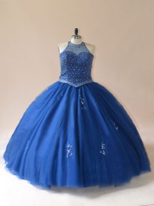 Blue Tulle Lace Up 15th Birthday Dress Sleeveless Floor Length Beading