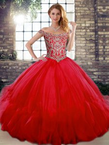 Red Off The Shoulder Lace Up Beading and Ruffles Vestidos de Quinceanera Sleeveless