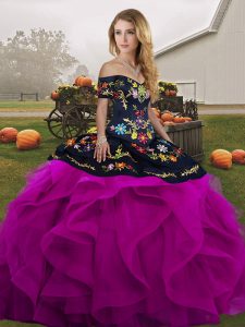 Noble Black And Purple Ball Gowns Off The Shoulder Sleeveless Tulle Floor Length Lace Up Embroidery and Ruffles Vestidos de Quinceanera