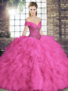 Hot Pink Tulle Lace Up Off The Shoulder Sleeveless Floor Length Quinceanera Dress Beading and Ruffles