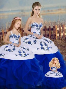 Royal Blue Lace Up Sweetheart Embroidery and Ruffles and Bowknot 15 Quinceanera Dress Tulle Sleeveless