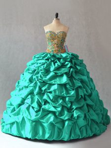 Suitable Turquoise Sweetheart Lace Up Beading and Pick Ups Sweet 16 Quinceanera Dress Brush Train Sleeveless