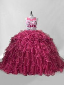 Hot Pink Two Pieces Beading and Ruffles Quinceanera Dresses Zipper Organza Sleeveless