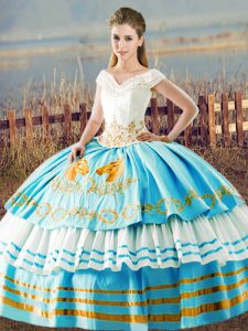 Affordable Floor Length Ball Gowns Sleeveless Blue And White 15th Birthday Dress Lace Up