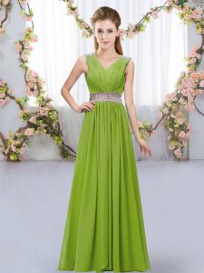 Olive Green Chiffon Lace Up V-neck Sleeveless Floor Length Quinceanera Court of Honor Dress Beading and Belt