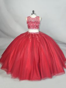 Red Two Pieces Scoop Sleeveless Tulle Floor Length Zipper Beading and Appliques Sweet 16 Quinceanera Dress