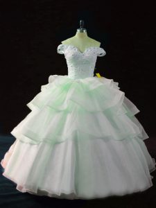 Excellent Apple Green Lace Up Off The Shoulder Beading and Ruffled Layers Quinceanera Dresses Organza Sleeveless Brush Train