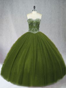 Low Price Olive Green Ball Gowns Beading Quinceanera Gown Lace Up Tulle Sleeveless Floor Length
