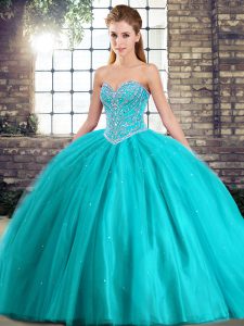 Fashion Tulle Sleeveless Quinceanera Gowns Brush Train and Beading
