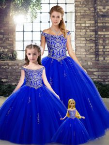 Sleeveless Tulle Floor Length Lace Up Quinceanera Gowns in Royal Blue with Beading