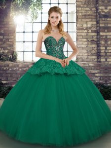 Green Ball Gowns Tulle Sweetheart Sleeveless Beading and Appliques Floor Length Lace Up Sweet 16 Quinceanera Dress