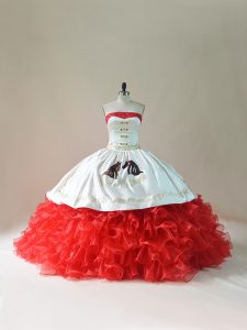 Excellent White And Red Ball Gowns Strapless Sleeveless Organza Brush Train Lace Up Embroidery and Ruffles 15th Birthday Dress