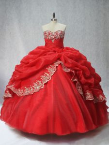 Floor Length Lace Up Quinceanera Gown Red for Sweet 16 and Quinceanera with Appliques and Pick Ups