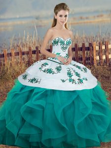 Glittering Sleeveless Tulle Floor Length Lace Up Quince Ball Gowns in Turquoise with Embroidery and Ruffles and Bowknot