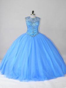Elegant Scoop Sleeveless Sweet 16 Quinceanera Dress Floor Length Beading Blue Tulle