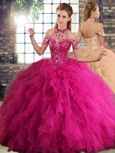 Fuchsia Halter Top Lace Up Beading and Ruffles 15th Birthday Dress Sleeveless
