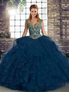 Beautiful Blue Ball Gowns Tulle Straps Sleeveless Beading and Ruffles Floor Length Lace Up Quinceanera Dress