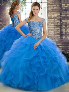 Ball Gowns Sleeveless Blue Sweet 16 Dresses Brush Train Lace Up