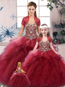 Floor Length Burgundy Quinceanera Dress Tulle Sleeveless Beading and Ruffles