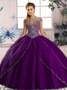 Purple Tulle Lace Up Ball Gown Prom Dress Cap Sleeves Brush Train Beading