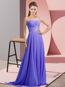 Sleeveless Chiffon Floor Length Lace Up in Lavender with Beading and Ruching