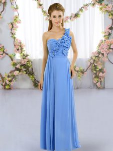 Ideal Sleeveless Chiffon Floor Length Lace Up Quinceanera Court of Honor Dress in Blue with Hand Made Flower
