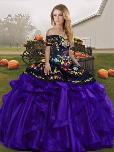 Decent Black And Purple Lace Up 15 Quinceanera Dress Embroidery and Ruffles Sleeveless Floor Length