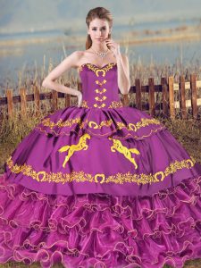 Purple Ball Gowns Embroidery and Ruffles Quince Ball Gowns Lace Up Satin and Organza Sleeveless