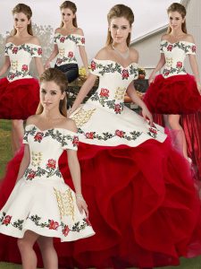 Designer Embroidery and Ruffles Sweet 16 Dresses White And Red Lace Up Sleeveless Floor Length