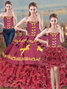 Sleeveless Satin and Organza Brush Train Lace Up Ball Gown Prom Dress in Burgundy with Embroidery and Ruffles