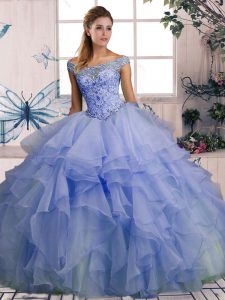 Fabulous Lavender Organza Lace Up 15th Birthday Dress Sleeveless Floor Length Beading and Ruffles