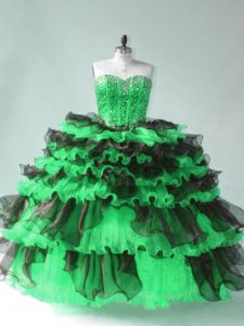 Elegant Sleeveless Floor Length Beading and Ruffled Layers Lace Up Ball Gown Prom Dress with Green