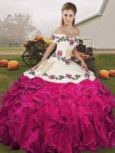 Nice Embroidery and Ruffles 15th Birthday Dress Fuchsia Lace Up Sleeveless Floor Length