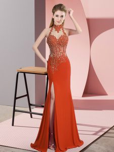 Traditional Orange Red Sleeveless Floor Length Lace and Appliques Backless Prom Party Dress