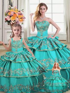 Smart Aqua Blue Sleeveless Embroidery and Ruffled Layers Floor Length Ball Gown Prom Dress