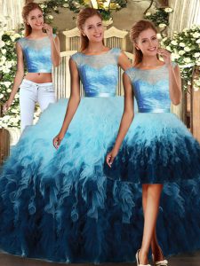 Three Pieces Ball Gown Prom Dress Multi-color Scoop Tulle Sleeveless Floor Length Lace Up