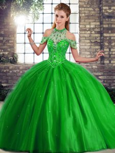 Green Ball Gowns Beading Sweet 16 Dresses Lace Up Tulle Sleeveless