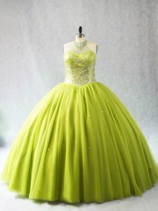 Yellow Green Ball Gown Prom Dress Halter Top Sleeveless Lace Up