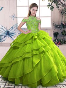 Best Selling Olive Green Ball Gowns High-neck Sleeveless Organza Floor Length Lace Up Beading and Ruffled Layers Quinceanera Dress