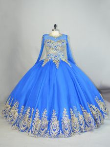 High-neck Long Sleeves Lace Up Vestidos de Quinceanera Blue Tulle